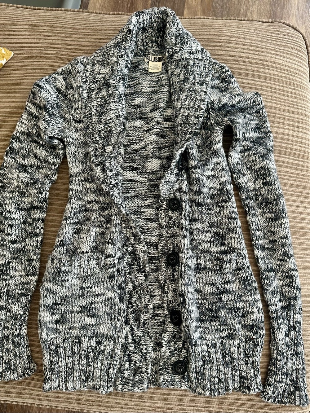 Billabong Women's Black and White Sweater, Button-Up With Pockets, Soft and Warm